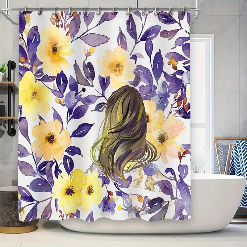 

Watercolor Bath Curtains with Yellow Flowers and Purple Leaves Modern Floral Print Decorative Shower Curtain for Home Bathroom W90xH180cm