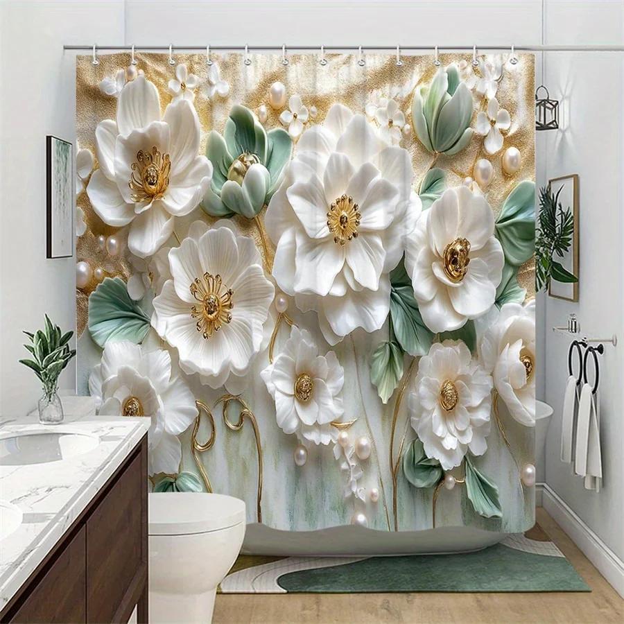 Luxurious White & Pale Green Floral Shower Curtain, Pearls On Golden Gradient Background, Romantic Bathroom Decor Gift