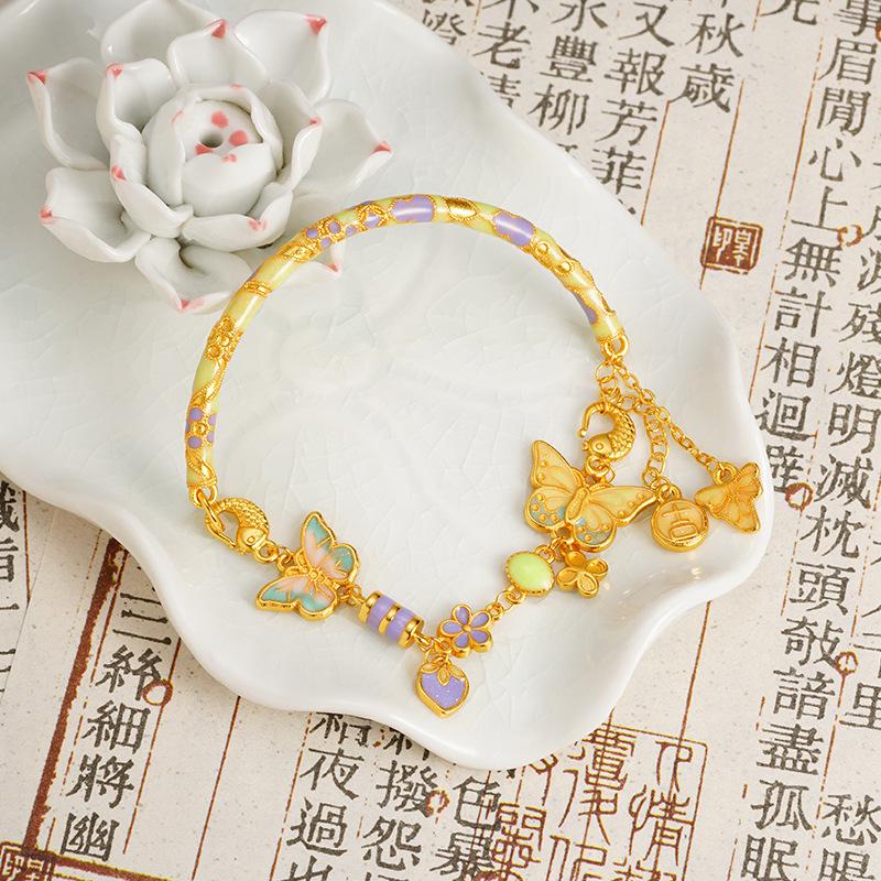 Sand Gold Bracelet for Women, Light Luxury Enamel, Ancient Butterfly Half Bracelet Design, Long-lasting Accessory Gift