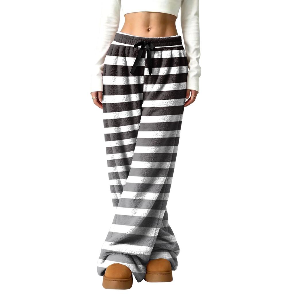 Women's Casual Striped Print Wide Leg Pants with Elastic Waist, Loose Fit Lined for Fall Winter