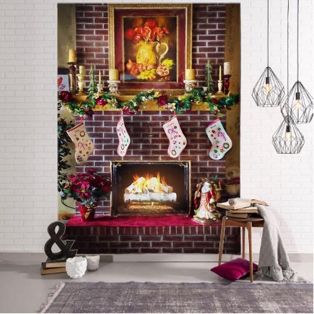 Świąteczny gobelin Prezenty świąteczne kominek Święty Mikołaj Choinka gobelin pokój akademik dekoracja wnętrz wisząca na ścianie