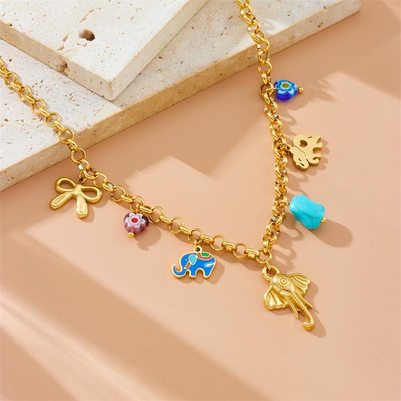 Stainless Steel Dopamine Bowknot Heart Elephant Necklace Women's Neck Chain Holiday Gifts
