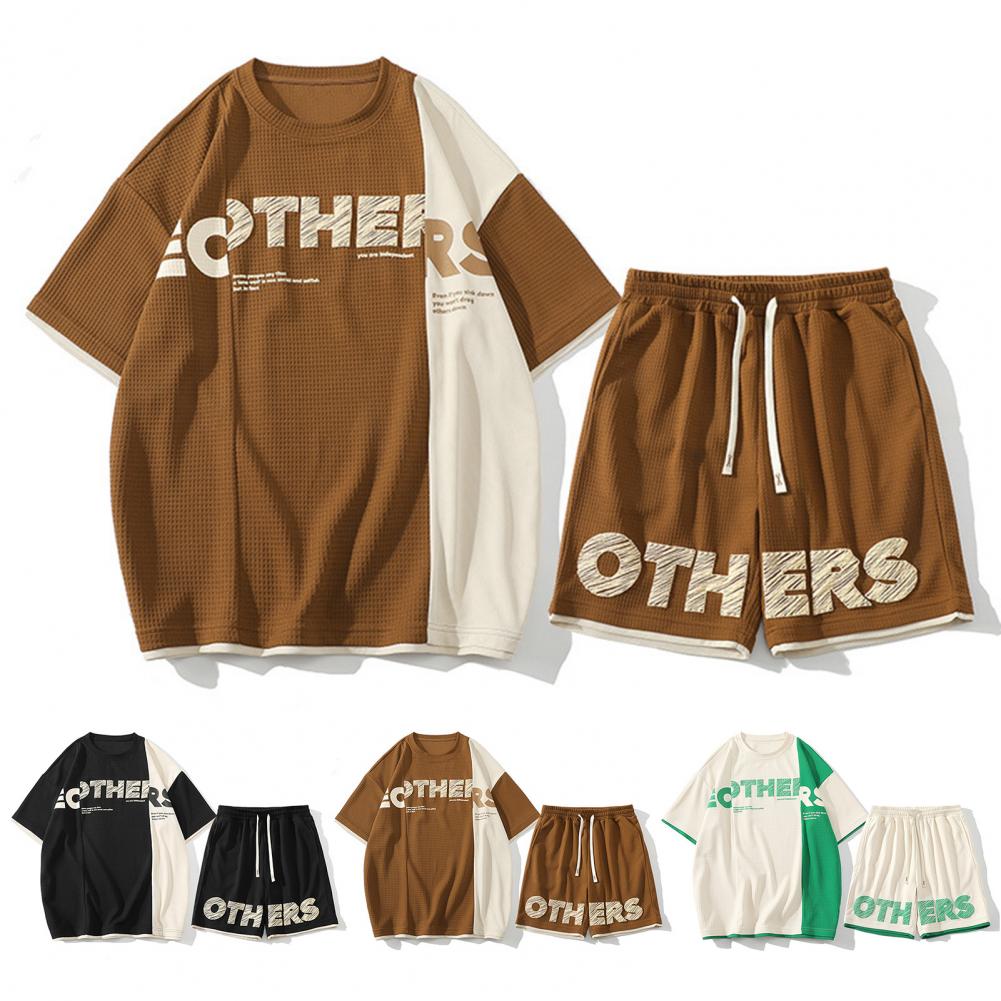 2Pcs/Set Men Summer Casual Outfit O-neck Short Sleeve T-shirt Elastic Drawstring Waist Wide Leg Shorts Set Patchwork Color Lette