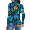Women's Casual Fashion Retro Floral Print Long Sleeve Zipper Neck Top T-shirt
