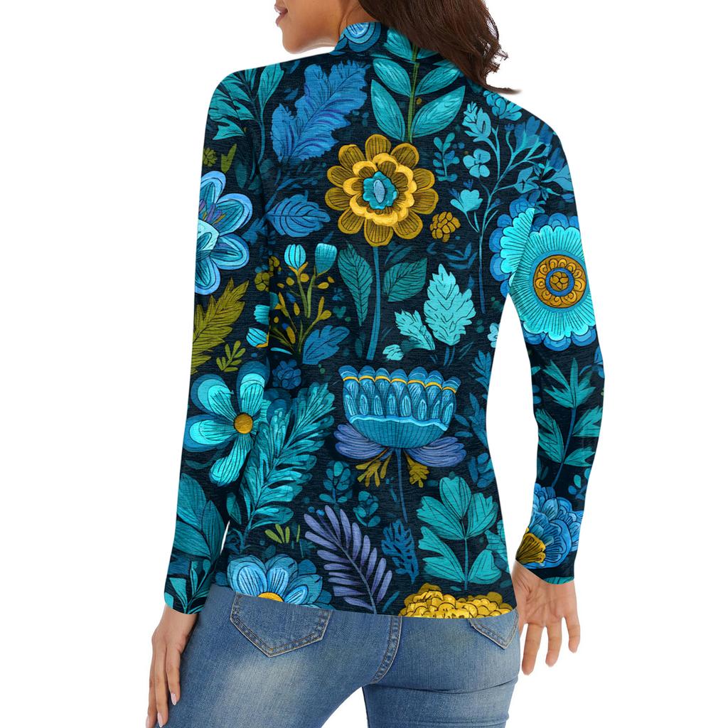 Women's Casual Fashion Retro Floral Print Long Sleeve Zipper Neck Top T-shirt