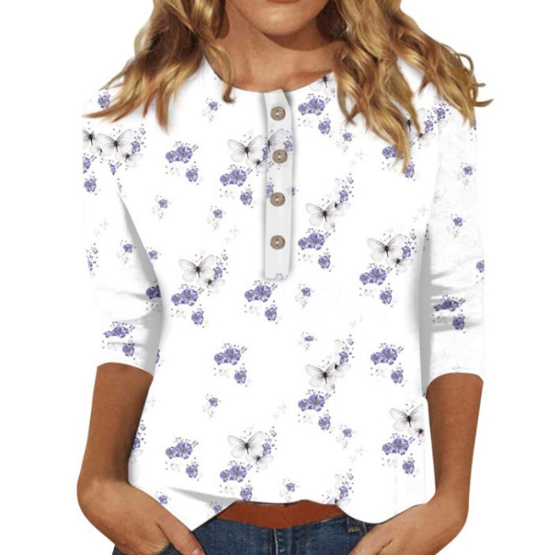 Button V-neck 3D Printed Top Fashionable Casual Long Sleeved Women's T-shirts