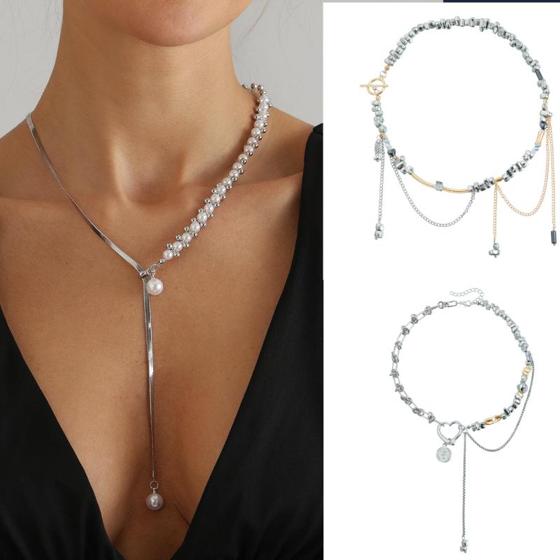 Pearl Snake Bone Chain Bead Splicing Necklace Minimalist Broken Silver Necklace Tassel Collarbone Chain Jewelry Gifts