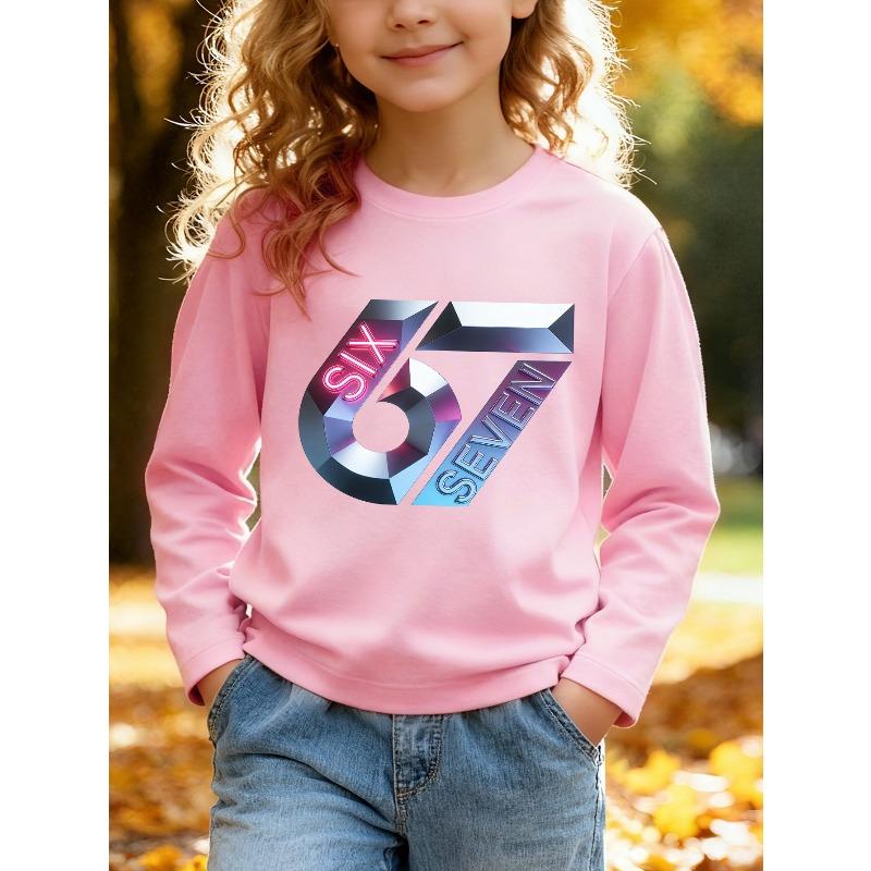 Unisex Kids Black Long Sleeve Tee For 4-12 Boys Girls 3D Metallic Faceted Crystal Number 67 Neon Pink SIX Blue SEVEN Embossed Text Long Sleeve Top