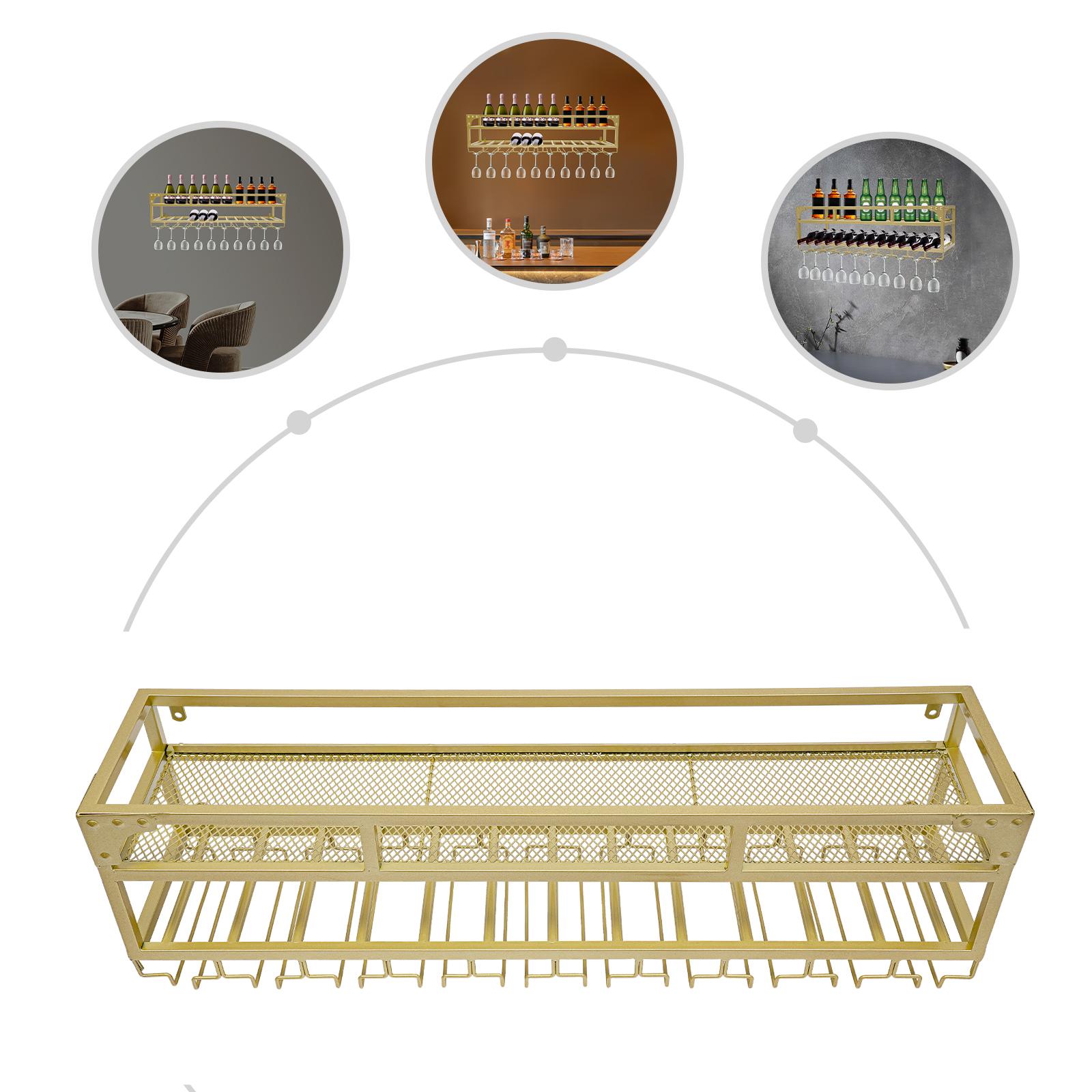 

2 Tiers Wall-Mounted Iron Wine Rack,Gold Rectangular Wine Rack 100*25*14cm with Glass Holder for Home,Kitchen золотой