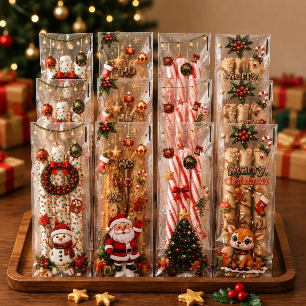 50/100Pcs Long Shape Christmas Treat Bags Snowman Print Favor Packaging Bags Christmas Party