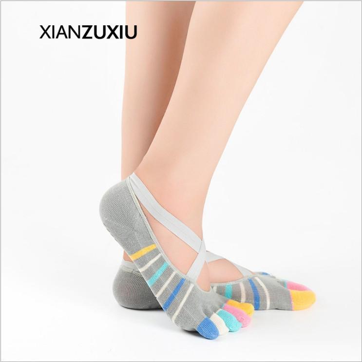 Women s Cotton Fingerless Five-Toe Ballet Yoga Socks with Silicone Non-Slip Cross Strap One Size