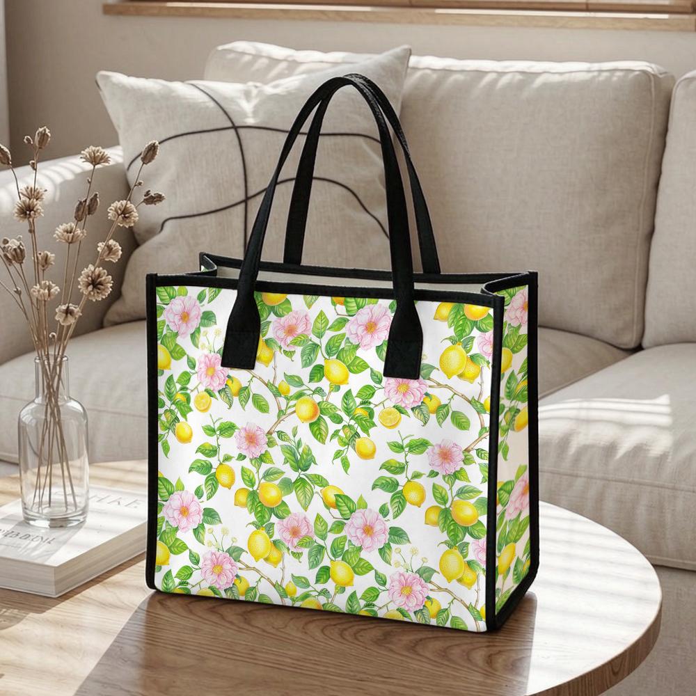 Floral Lemon Print Canvas Tote Bag Daily Use Shopping Handbag for Outdoor