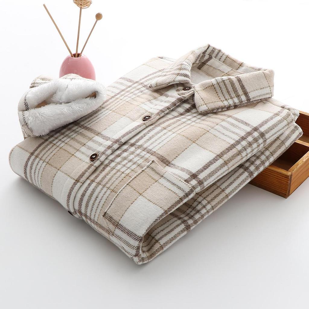 Thick Plaid Shirt Women's Autumn and Winter Plus Velvet Brushed Loose Korean Retro Lazy Style Warm Woolen Coat