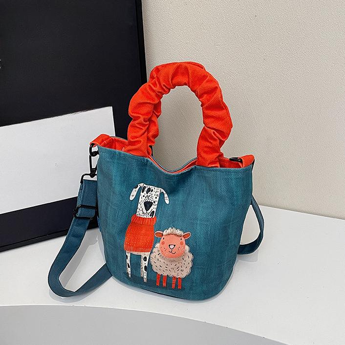 Plátěná taška s potiskem, dámská taška, nová trendy stylová taška přes rameno, taška přes rameno s kreslenou ilustrací, kbelík