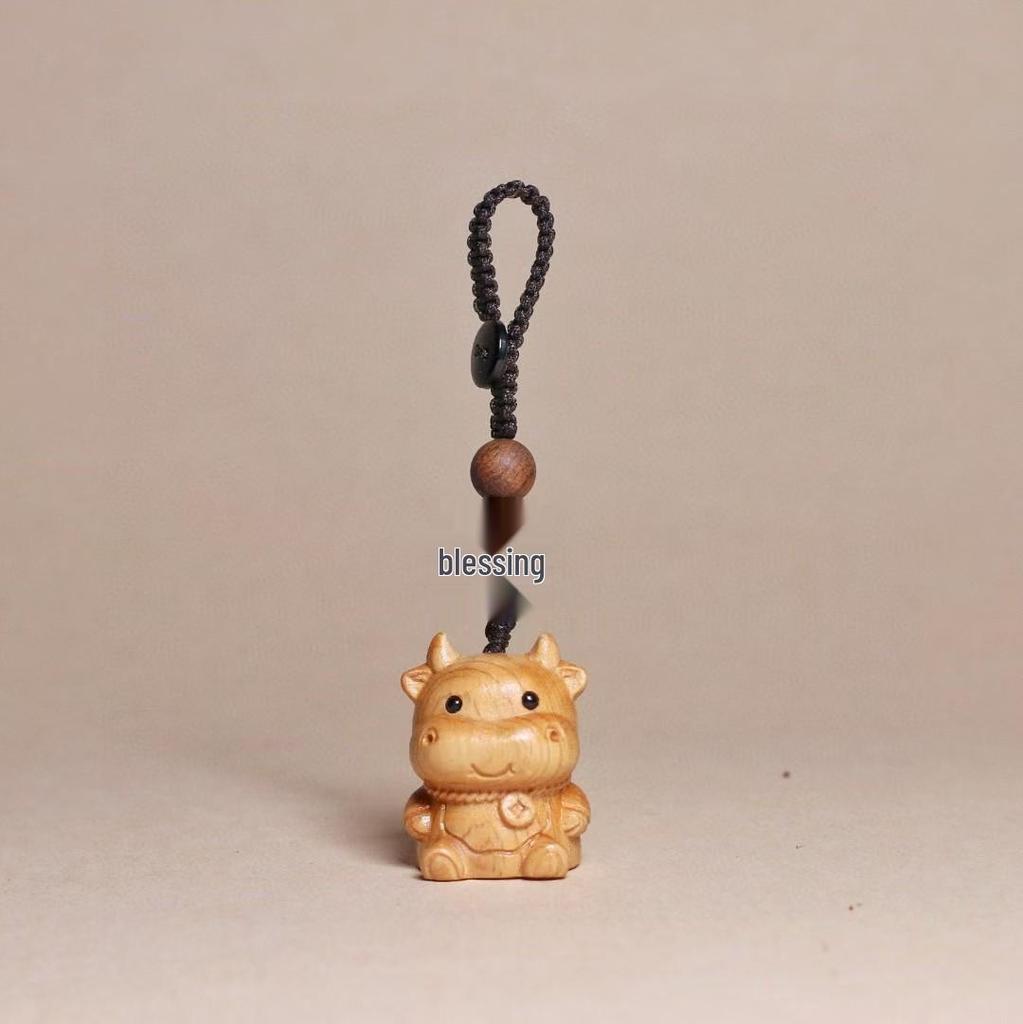 Golden Sandalwood Zodiac Animal Carving Keychain - Solid Wood Cultural Craft
