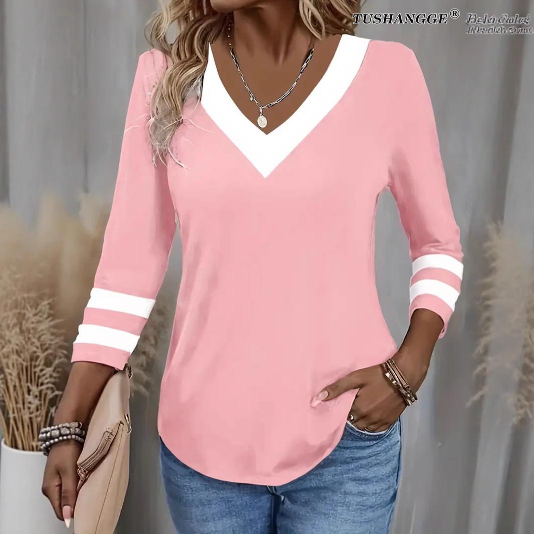 

New Casual and Fashionable Long-sleeved V-neck T-shirt S чорний
