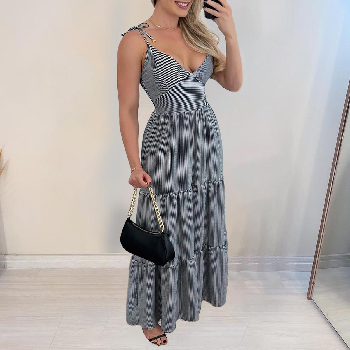 Women Elegant Striped Tie Strap Deep V Neck High Waist Maxi Dress S