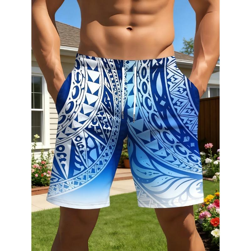 Men s blue and white Polynesian tribal tattoo print board shorts, Hawaiian tribal style swimming trunks summer casual shorts S