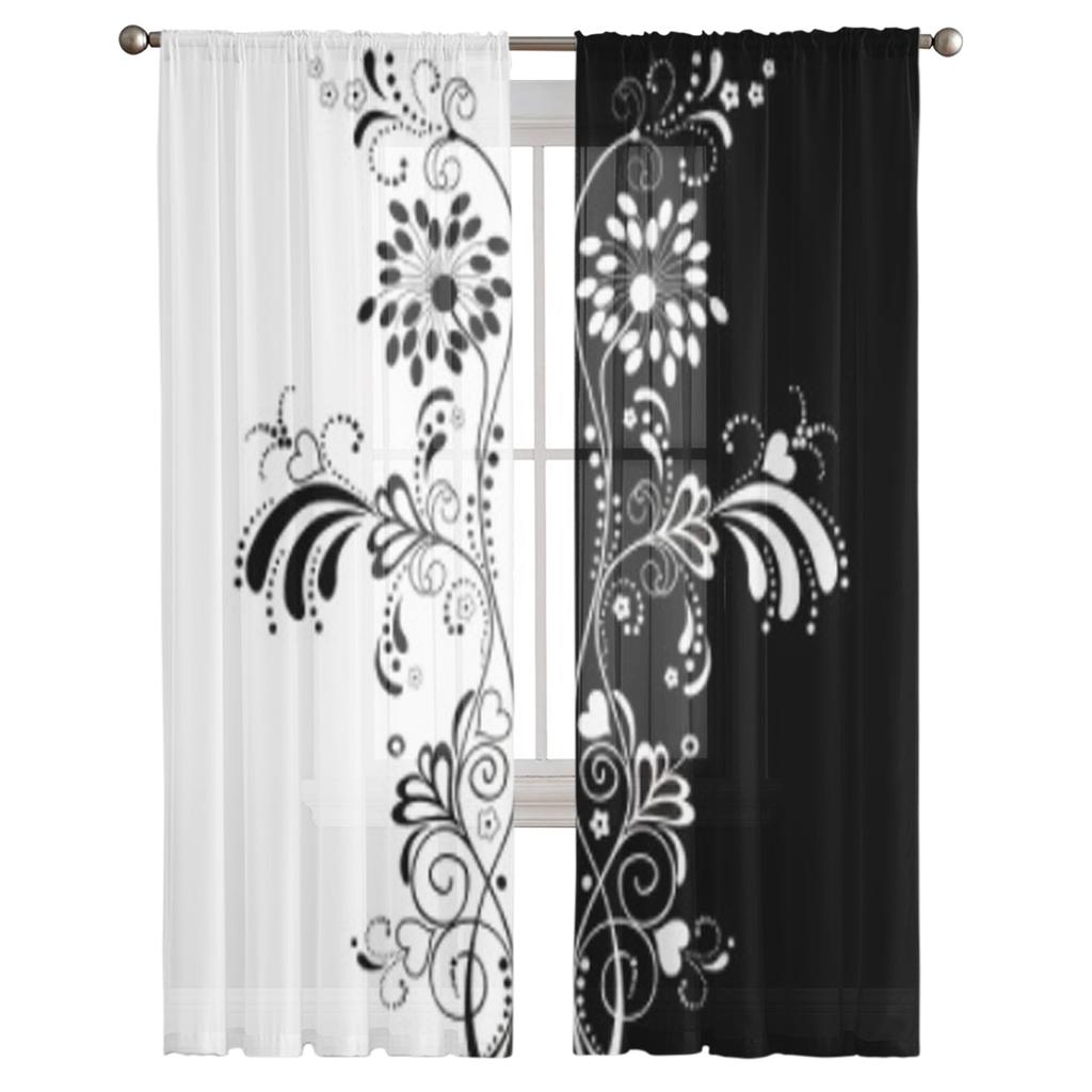 Schwarz-weißer Blumenvorhang für Wohnzimmer, moderne Voile-Tüll-Fenstervorhänge für Schlafzimmer, Küchenvorhänge