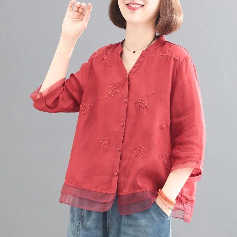 Women's Retro Cotton Linen Shirt Embroidery Shirts Patchwork Hem Organza Slim Blouse Top