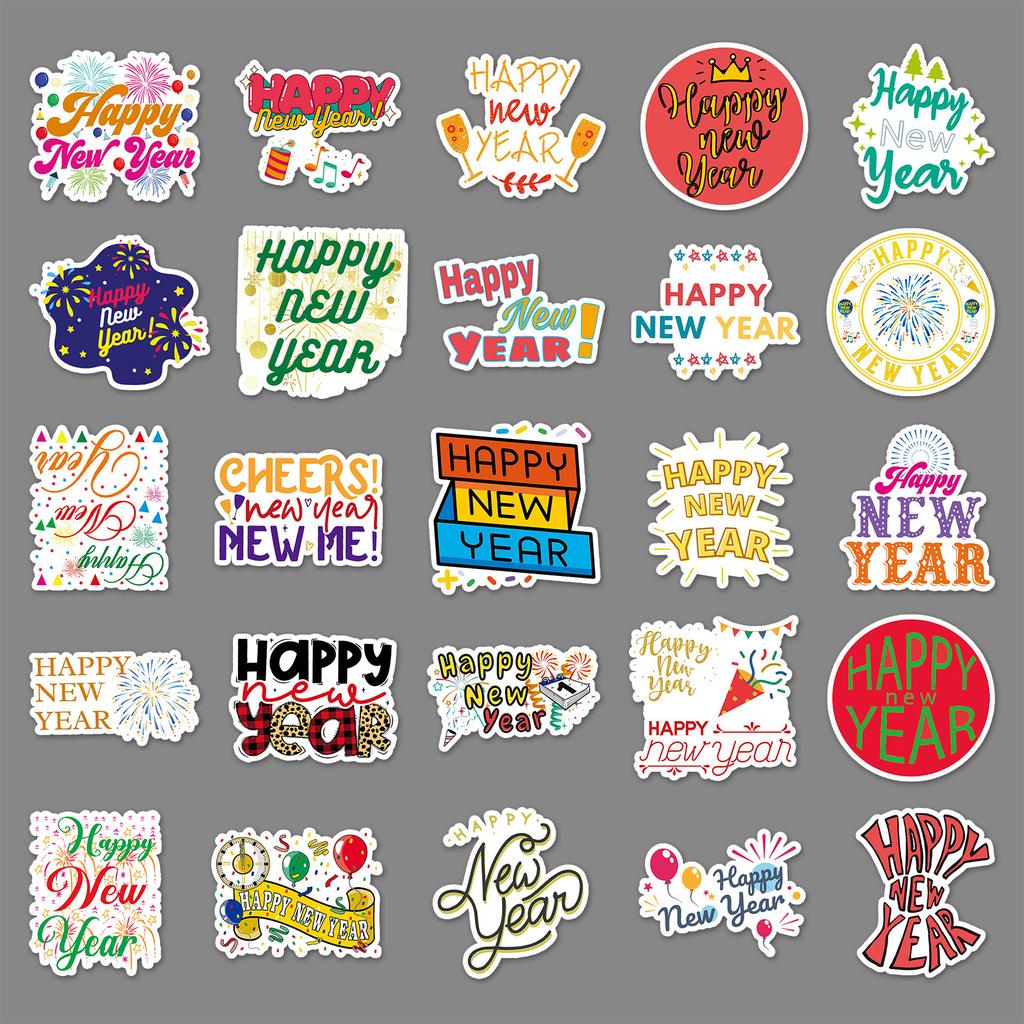 50 Happy New Year Doodle Decoration Festival English Stickers DIY Mobile Case Suitcase Stickers Waterproof