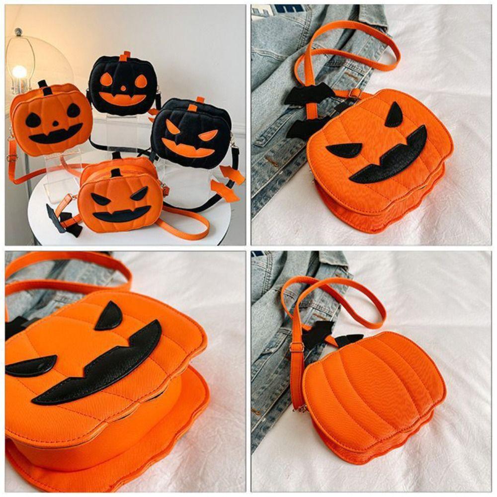 Message Bag PU Leather Halloween Pumpkin Bag Large Capacity Funny Pumpkin Shoulder Bag Bat Square Crossbody Bag Halloween