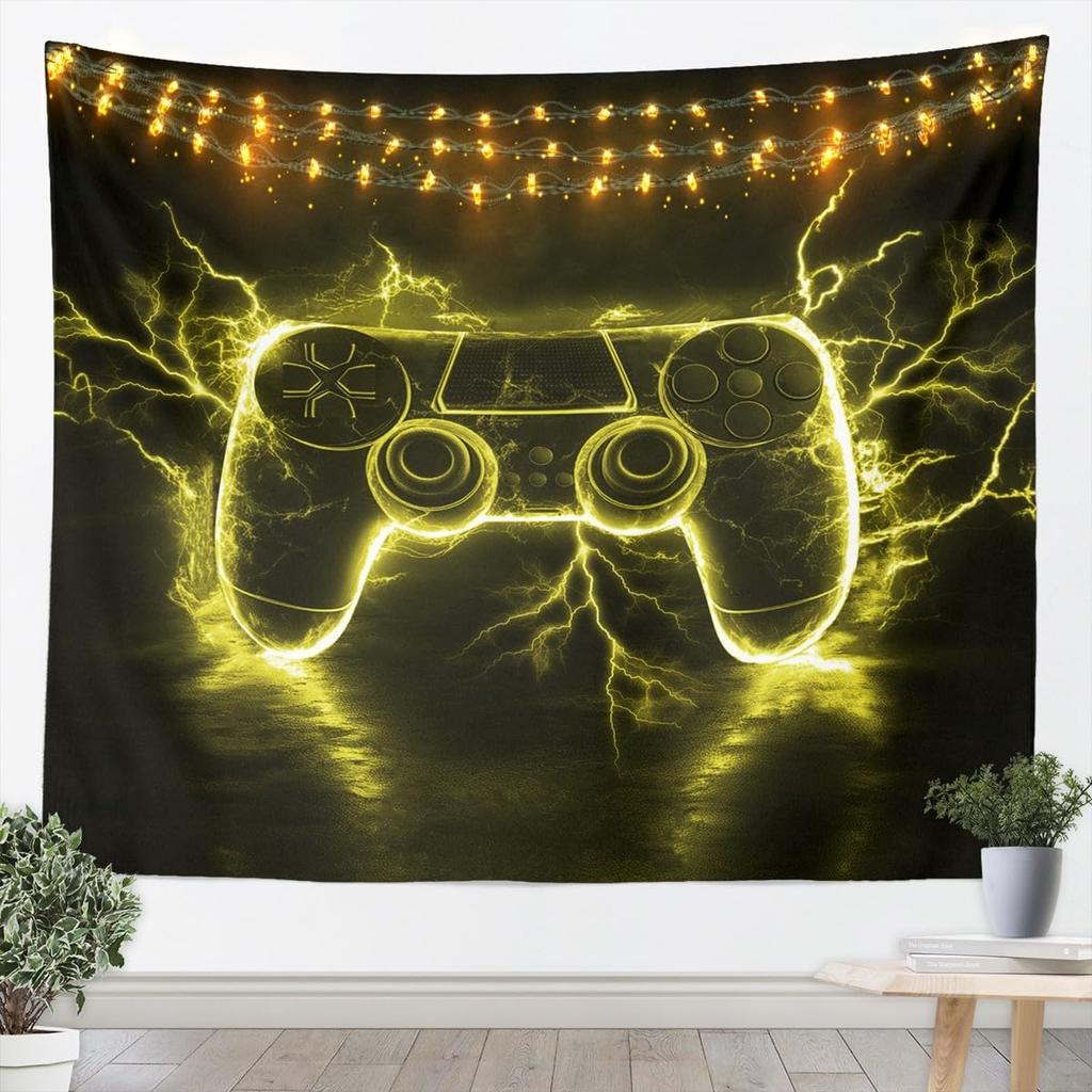 Flame Gaming Controller Tapestry, Black Background with Colorful Controller Pattern for Boys' Bedroom and Gamer Room Decor