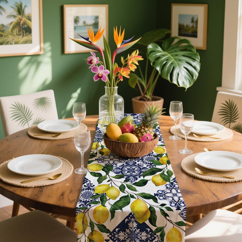 Zitronen Tischläufer Sommer Aquarell Zitrone Blau Weiß Porzellan Totem Tischdeko Tropische Atmosphäre Traditionelle Heimdeko