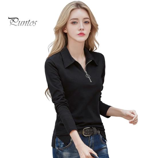 Women T-shirt Lapel Zipper Half Placket Long Sleeve Pullover Tops Solid Color Soft Stretchy Tee Slim Fit Casual Shirt Work Party Vacation Daily