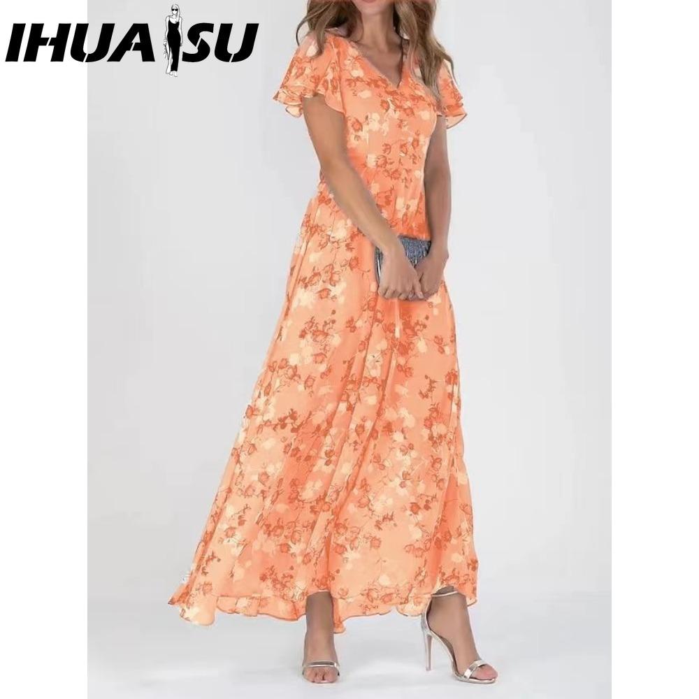 

IHUASU 6 цветов Макси-платье с V-образным вырезом и оборками, с короткими рукавами, приталенное по талии, с высокой талией, с летящим подолом, милое цветочное шифоновое платье, женская одежда L оранжевый