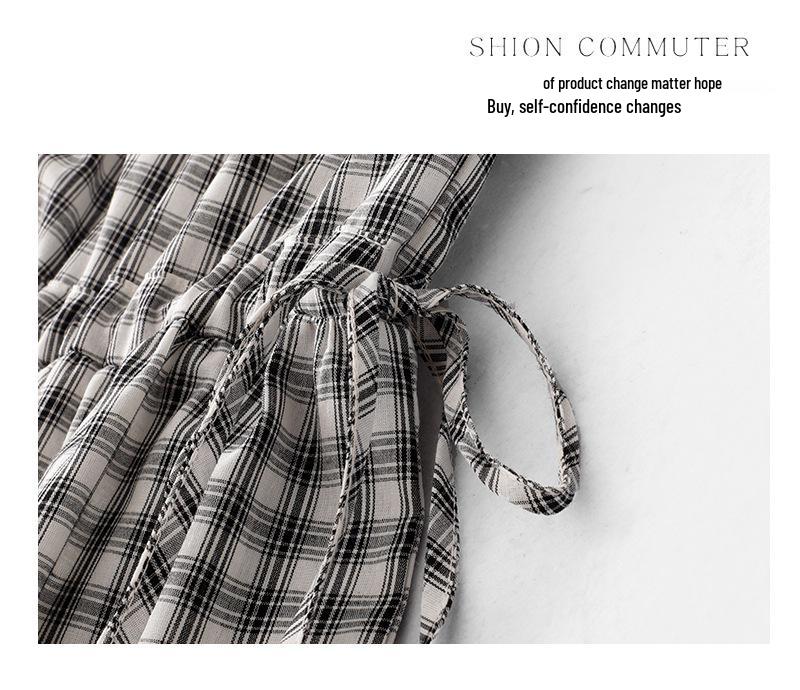 2026 Women's Black & White Plaid Drawstring V-Neck Cotton Sleeveless A-line Summer Dress
