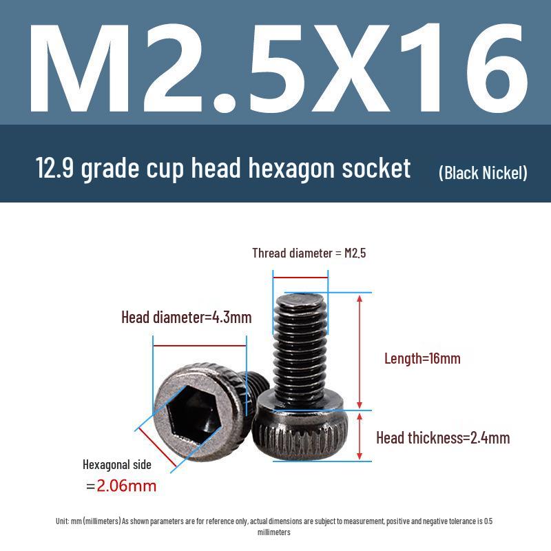 Yigu High-Strength Black Nickel Hex Socket Screw, M1.6-M4, Knurled Cup Head Bolt, 12.9 Grade.