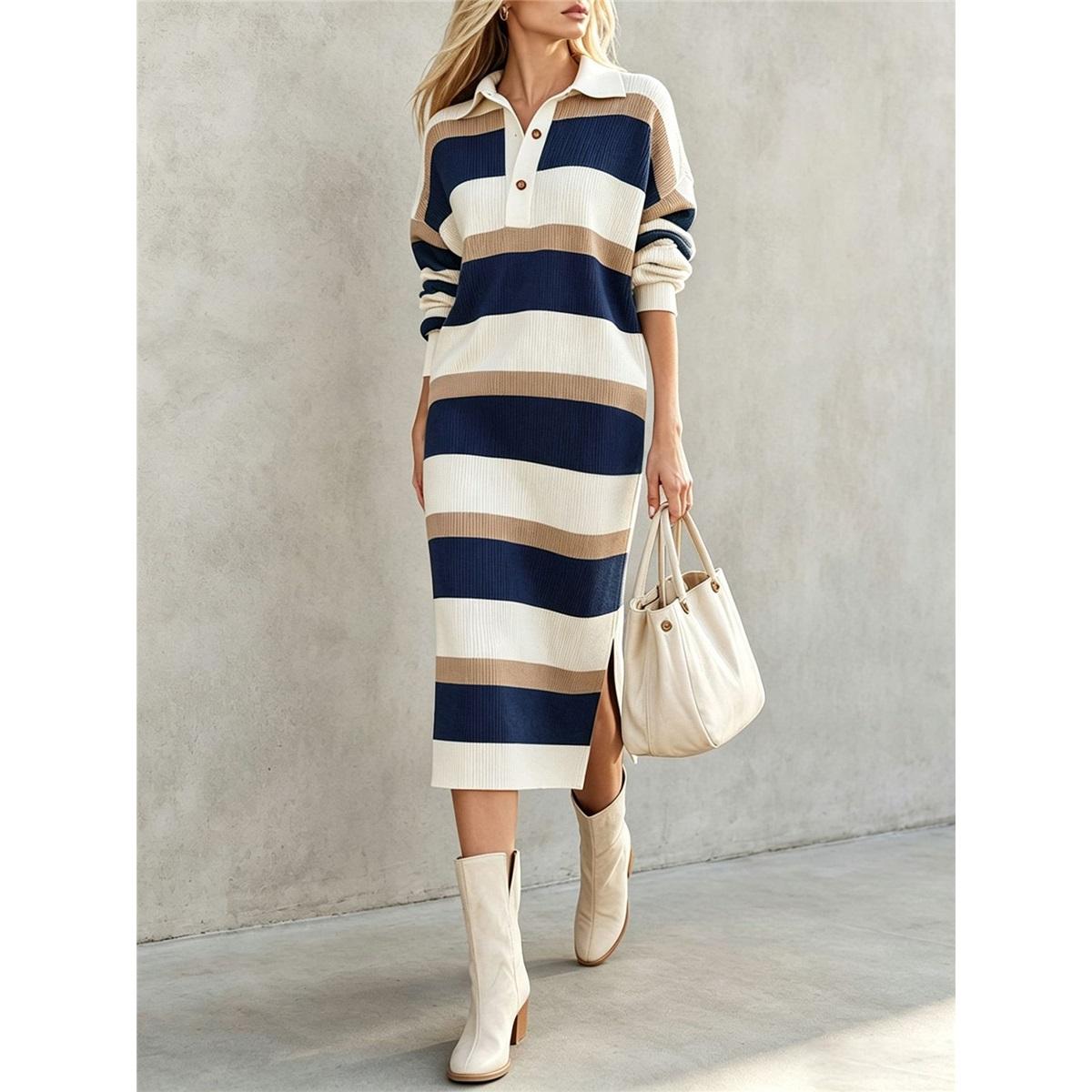 Robe Pull Longue Rayée Tricotée pour Femme Col à Revers Demi-Boutonnage Manches Longues Fente Latérale Coupe Ample Décontractée S bleu marine