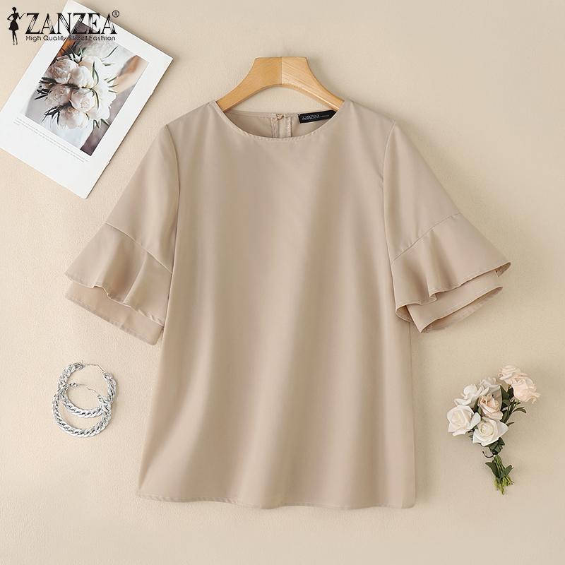 ZANZEA Damen Lässig Rundhals Rüschenärmel Locker Sommerbluse