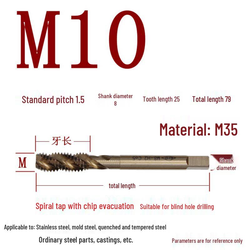 Cobalt Tapping & Threading Tools for Spiral Taps M3-M12, Stainless Steel