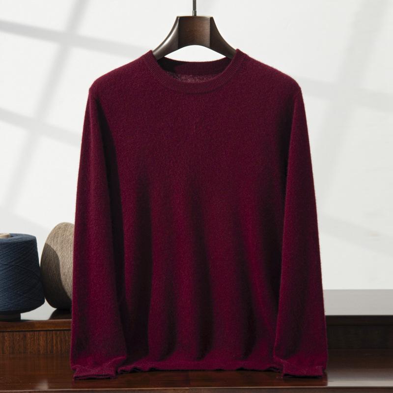 2025 new cashmere shirt men's round neck solid color pullover sweater with knitting inside