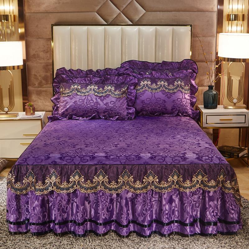 

Бархатная кружевная юбка-кровать в европейском стиле, тисненое покрывало, нескользящий защитный чехол, теплое постельное белье на осень и зиму 200*230cm 3pcs