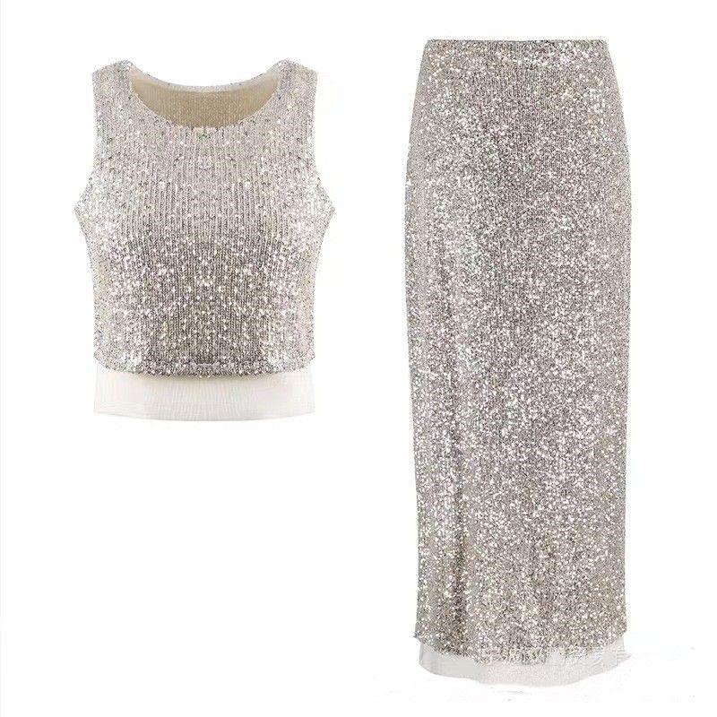 

Western Style Sexy Sequins Vest Top Skirt Two-Piece Sequin Vest Half Skirt Set Beige S