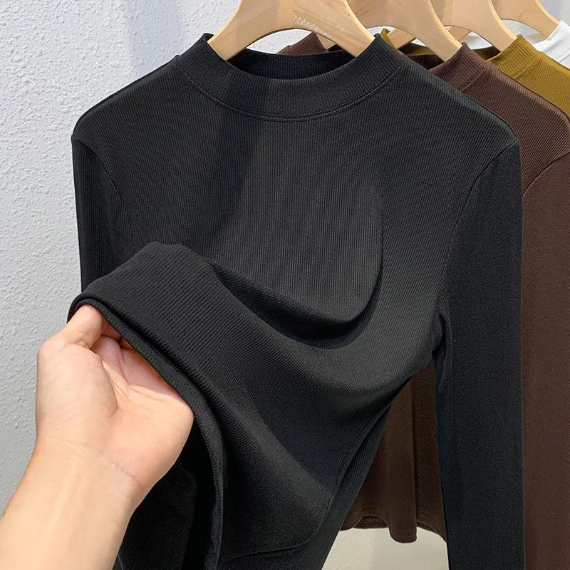 Women‘s Stand Collar Long Sleeve Slim Fit T-Shirt Solid Ribbed Casual Top Tee