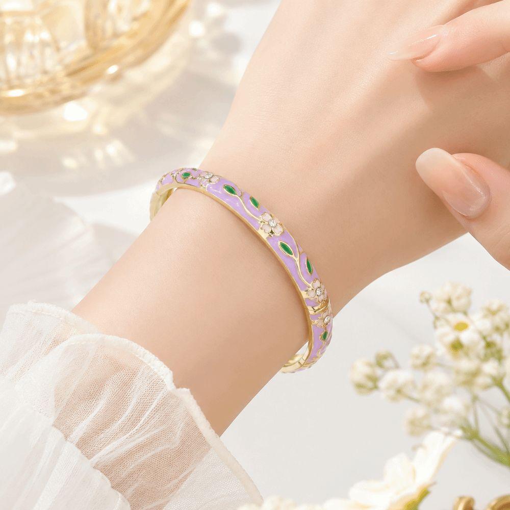 Metal Cloisonne Bracelet Retro Enamel Flower Bangle Closed End Enamel Bracelet Ethnic Style