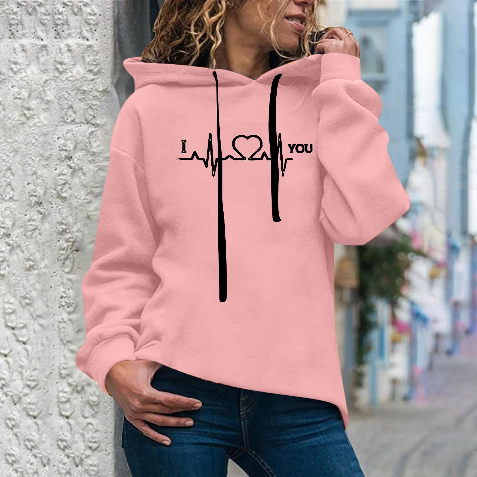 Women s Fashion Casual Fun Print Hooded Sweatshirt Loose Sports Tops Pullover M розовый