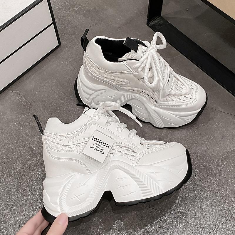 Fashion New 2025 Chunky Leather Sneakers Casual Vulcanized Shoes Woman High Platform Breathable Weave Sneakers 10CM Sport Dad Shoes