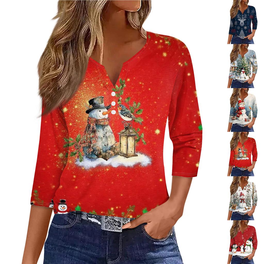 Women's Fashion Casual Halloween Printed V-Neck Short Sleeve Decorative Button Three-quarter Sleeve T-shirt Top