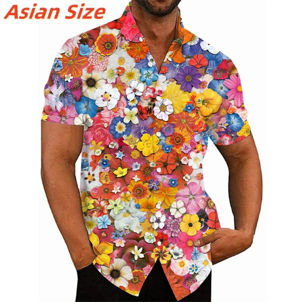 Colorful Flower Clusters Pattern Lapel Shirt For Men Plants 3D Printed Hawaiian Shirts Fashion Short Sleeve Tops Harajuku Blouse
