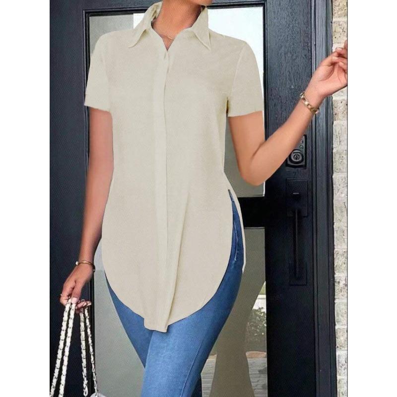 GMXIA Women's Fashion Casual Solid Color Print Short Sleeve POLO Neck Blouses & Shirts