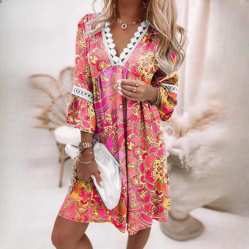 IHUASU Women's Spring V-neck Printed Lace Splicing Bohemian Style Casual Holiday Style Dresses