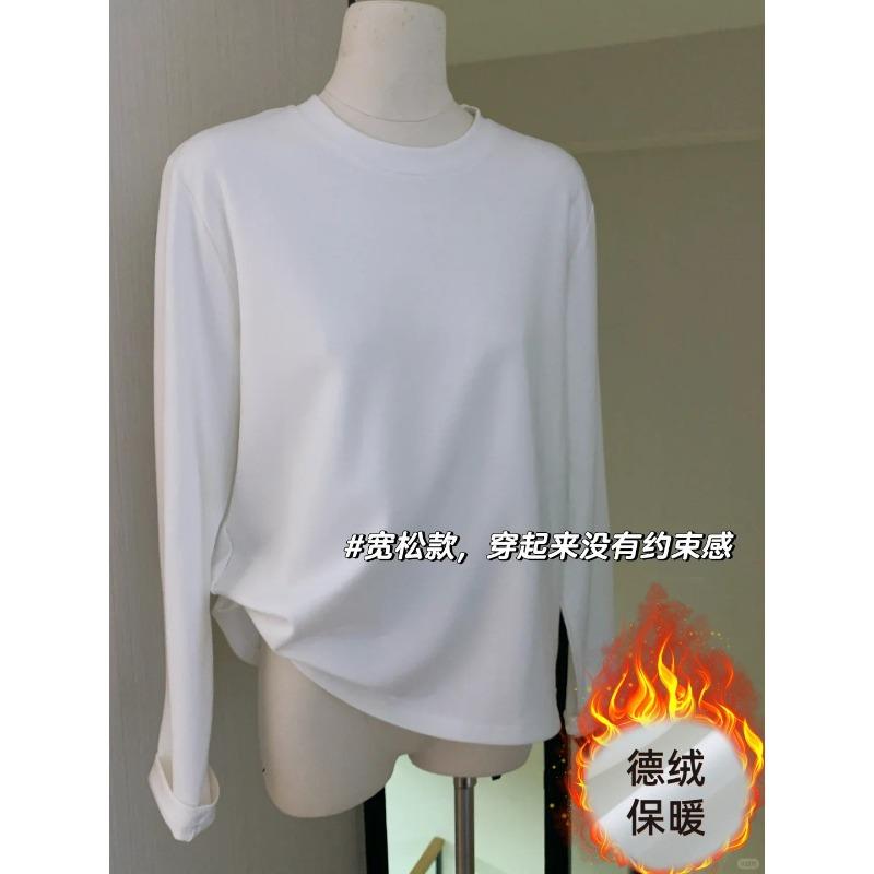 Crew neck white bottoming shirt women's German velvet warm inner long-sleeved shirt spring autumn and winter loose simple style top