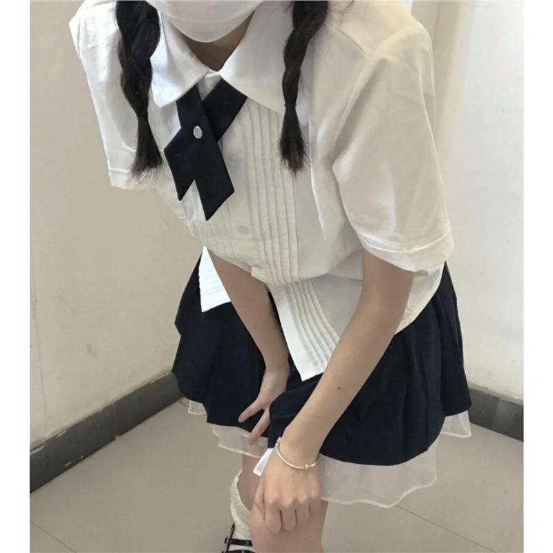 Original JK Academy Style Pleated Short Sleeve Women's Graduation Shirt In Milk White