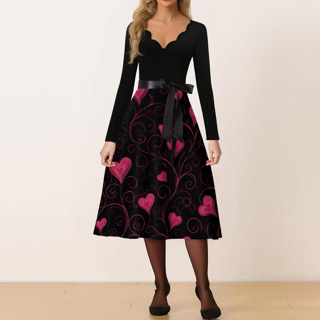 Damen Casual Mode V-Ausschnitt Valentinstag Print Retro Kleid
