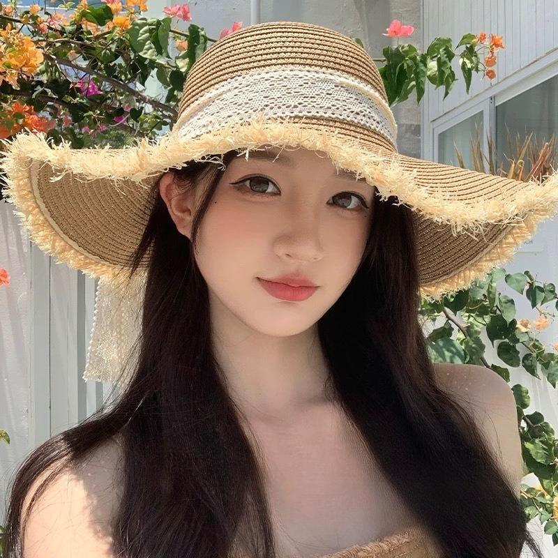 Summer New Style Bow Big Brim Straw Hat Women's Sunscreen Sunshade Beach Hat Fashion Rough Edge Bucket Hat